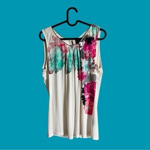 Worthington Cream Floral Pleated Sleeveless Tank Top